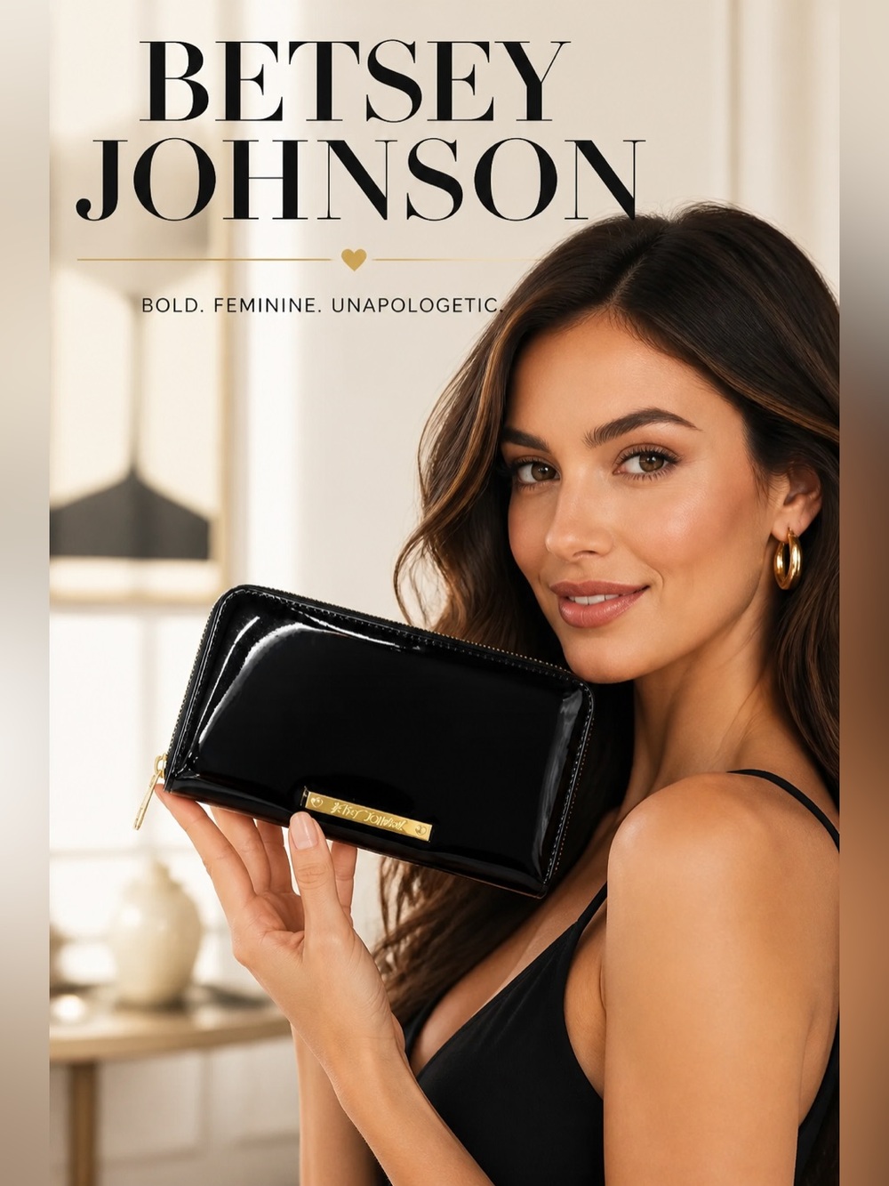 Betsey Johnson Black Patent Zip-Around Wallet with Gold Plate